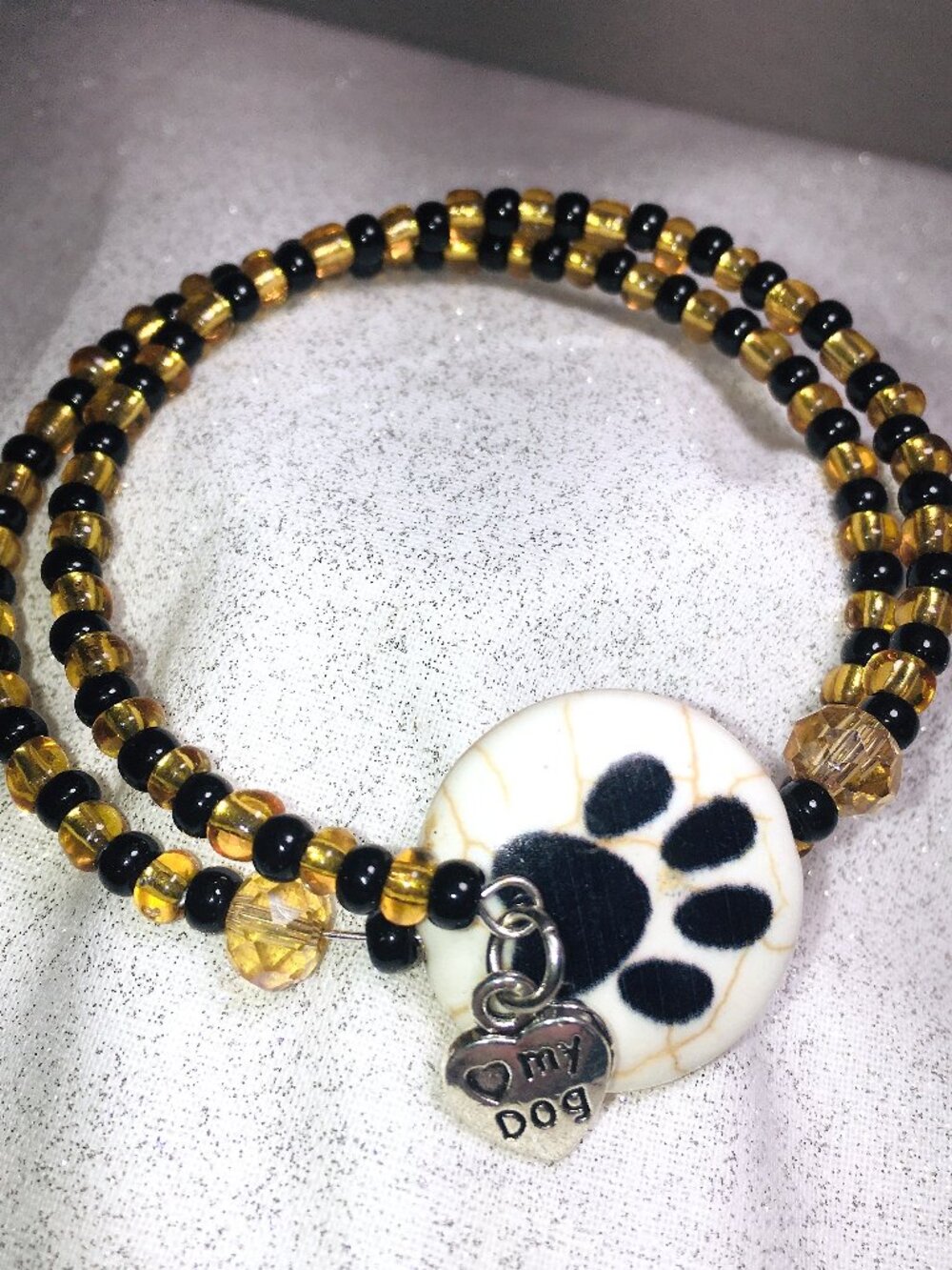 Handmade Paw Print Beaded Memory Wire Bracelet – Amber & Black